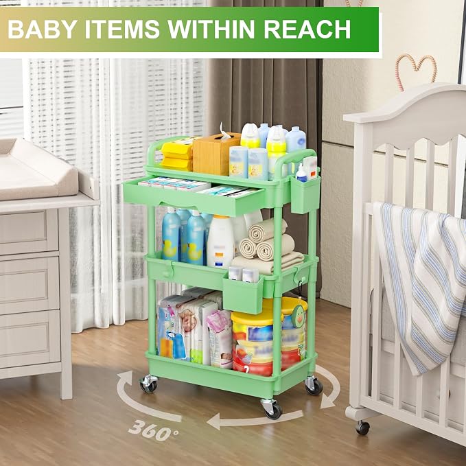 Goovilla 3 Tier Rolling Utility Cart Organizer with Removable Drawer, Green | Stable and Sturdy Rolling Storage Carts with 2 Lockable Wheels for Bathroom, Kitchen, Snack, Craft, Makeup, Baby Essentials - Image 6