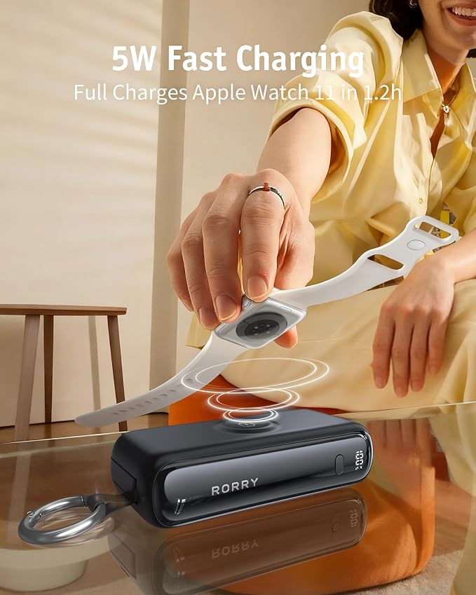 RORRY Flow Portable Charger 10000mAh 40W Wall Plug Power Bank Battery Pack | Built-in USB-C Cable, Keychain Design, Fast Charging, for iPhone 17/16/15, Apple Watch, iPad, 3-in-1, Travel Essential - Image 5