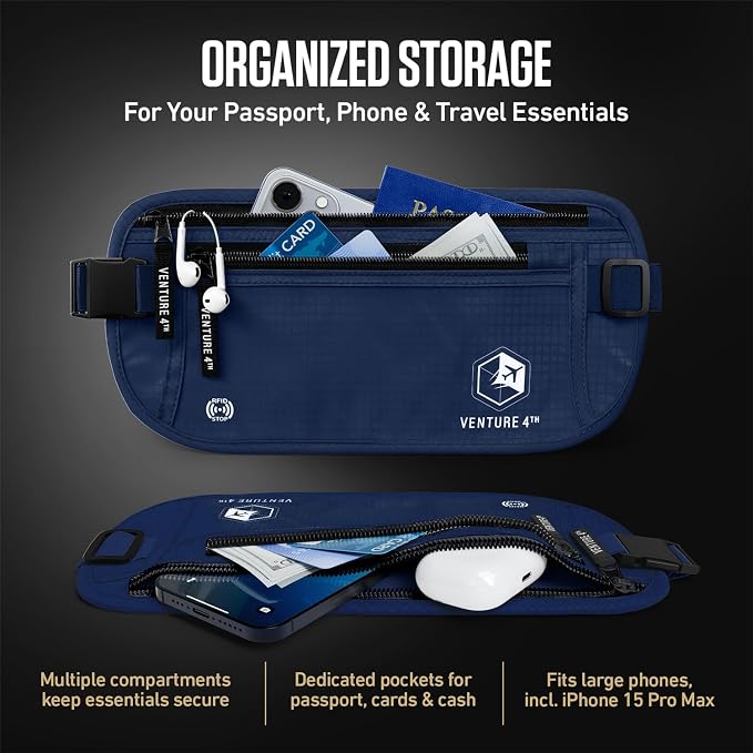 VENTURE 4TH Travel Money Belt, RFID Blocking Passport Holder - Navy Blue - Image 5