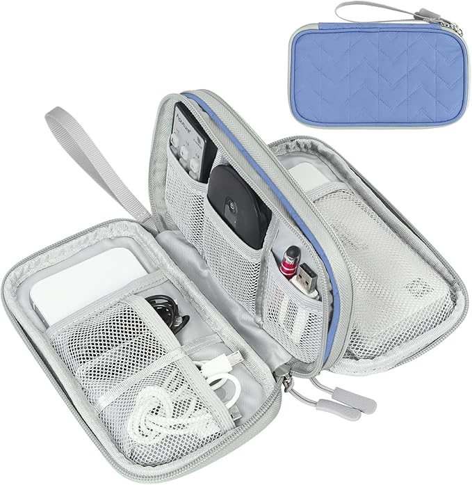 FYY Electronic Organizer, Travel Tech Pouch Bag, Medium, Blue Quilted | Wrist Strap, Waterproof, Double Layers Portable Electronics Travel Carrying Case for Cord, Charger, Daily Business Trips Use by FYY