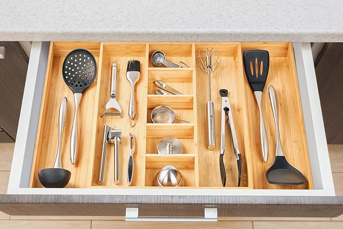 Extra Large Expandable Kitchen Drawer Organizer for Utensil and Junk, 19" Deep for Big Drawer, 17" to 28" Adjustable Bamboo Wood Drawer Divider, Cutlery Tray, Flatware Holder - Image 6