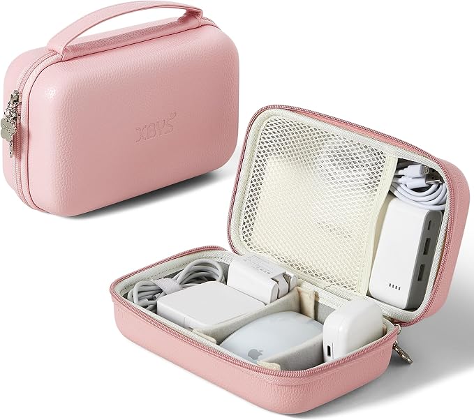 Portable Charger Case, Tech Pouch Travel Organizer, XL, Pink | Hard Shell Electronic Storage for MacBook Power Adapter, Magic Mouse, Charging Cords, Power Bank Laptop Accessories by Linpr