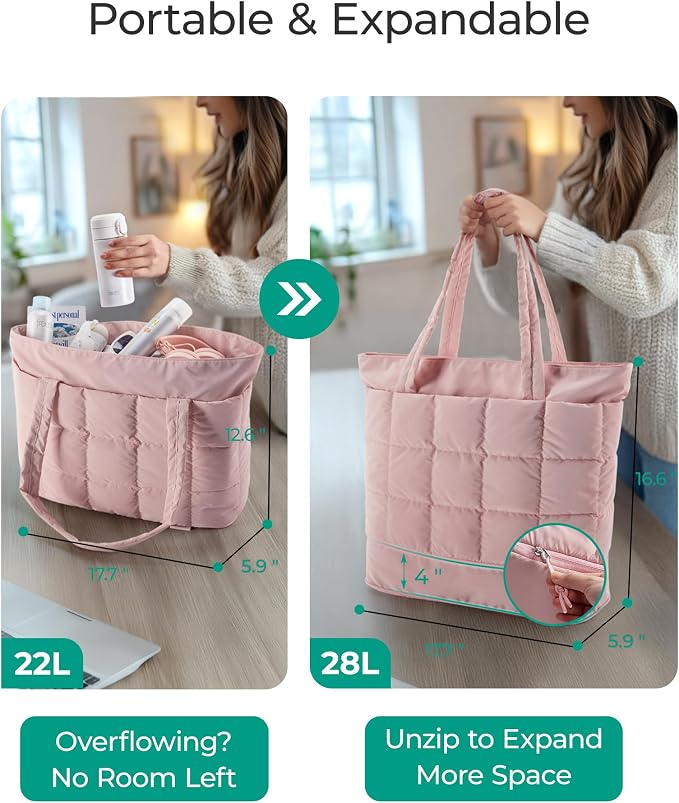 BAGSMART Expandable Tote Bag for Women, Puffer Work Tote Travel Bag | Quilted Carry On Bag for Travel Work Gym College, Waterproof Travel essentials - Image 8