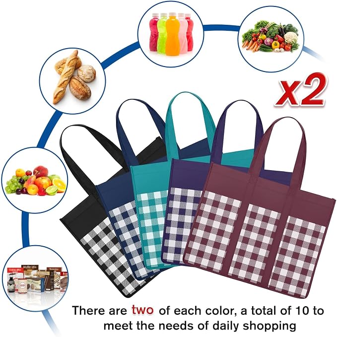 Reusable Grocery Shopping Bags 10 Pack Large Foldable Tote Bags Bulk | Eco Produce Bags with Long Handle for Shopping Groceries Clothes (Plaid C) - Image 5