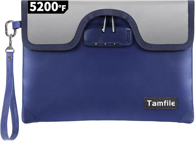 5200°F Fireproof Money Bag with Lock, Water Fireproof Document Bag with Zipper, 8 Layers Fire Insulation, Small Fireproof Safe Storage Pouch with Lock for Cash, Passport, (8.3" x 11", Blue) by Tamfile