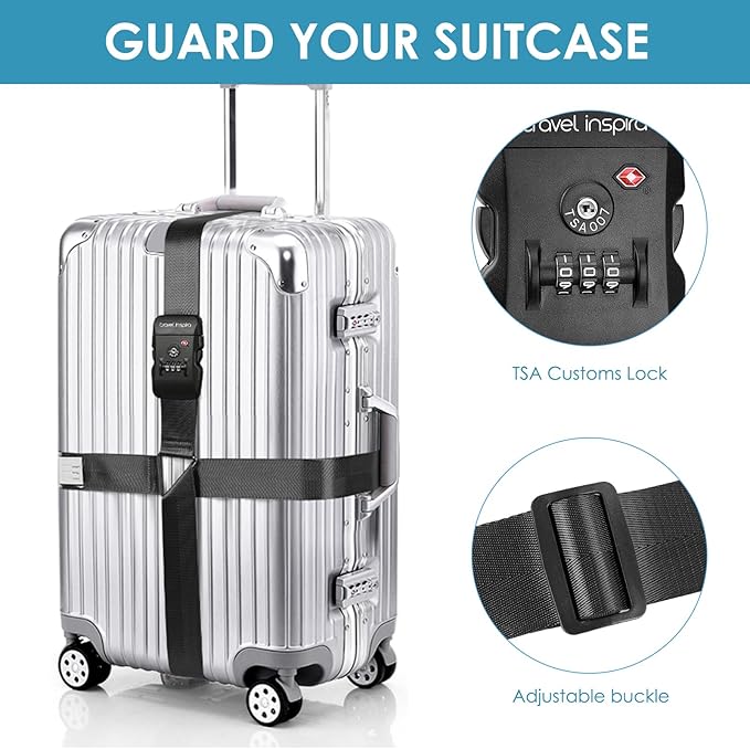 Travel Inspira TSA Accepted Long Luggage Cross Straps for Suitcases | Heavy-Duty Nylon; TSA-Approved Lock with Tag; Adjustable 103-200cm; Secure Black Strap; 20-28 Inch Bags; Anti-Burst - Image 2