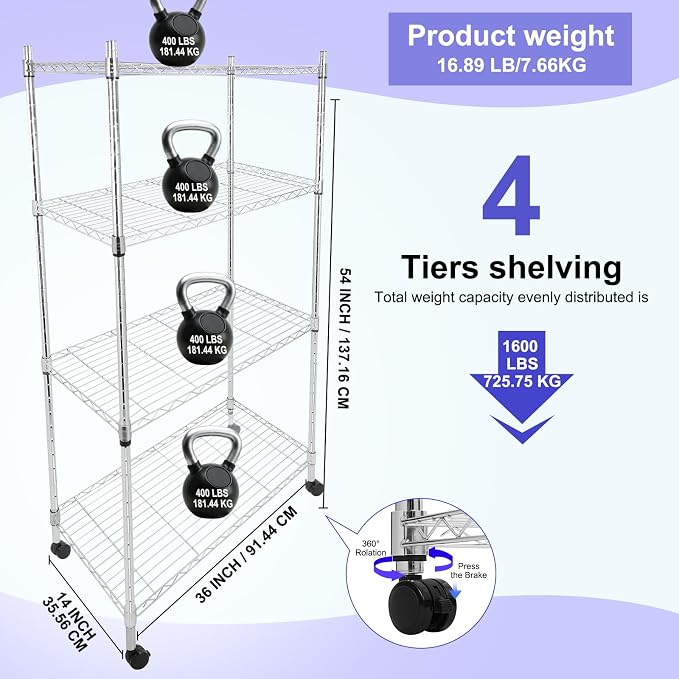 Whitmor 4 Tier Storage Shelves, Heavy Duty with Wheels, Adjustable Steel Organizer Wire Rack, 400 lbs Capacity per Shelf, Max 1600 lbs Total for Garage, Kitchen, Plant, 36" L x 14" W x 54" H, Chrome - Image 3