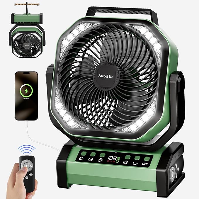 Socool Camping Fan with Light, 20000mAh Rechargeable Battery Fan with Remote, 112Hrs & 8 Speeds, Digital Display, Timer, Auto Oscillation, 270° Pivot & Hook for Outdoor Tent, Hurricane, Power Outage by Socoolfancoolinhand