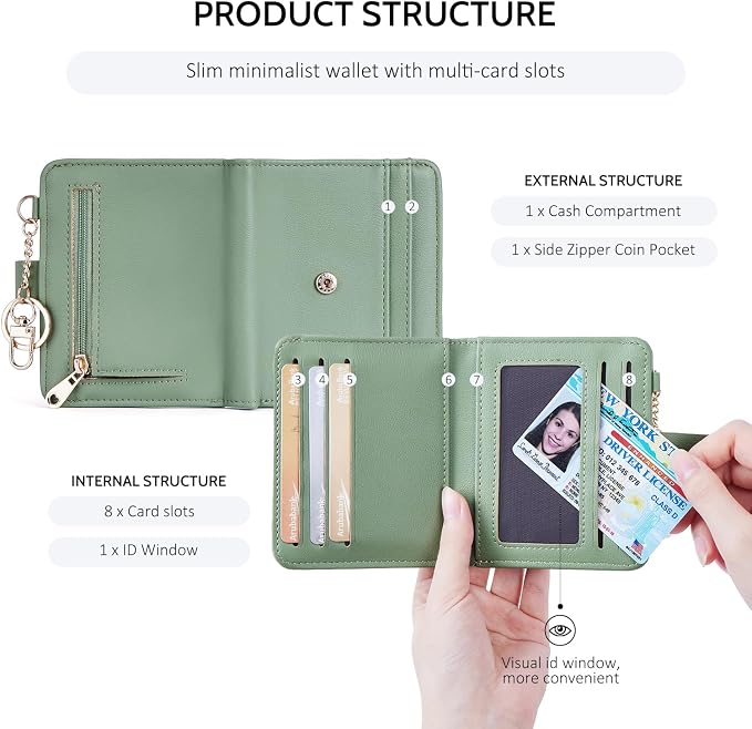 POIUGOYA Slim Wallet for Women,RFID Blocking Bifold Credit Card Holder with Zipper Coin Pocket,ID Window,Keychain - Image 5