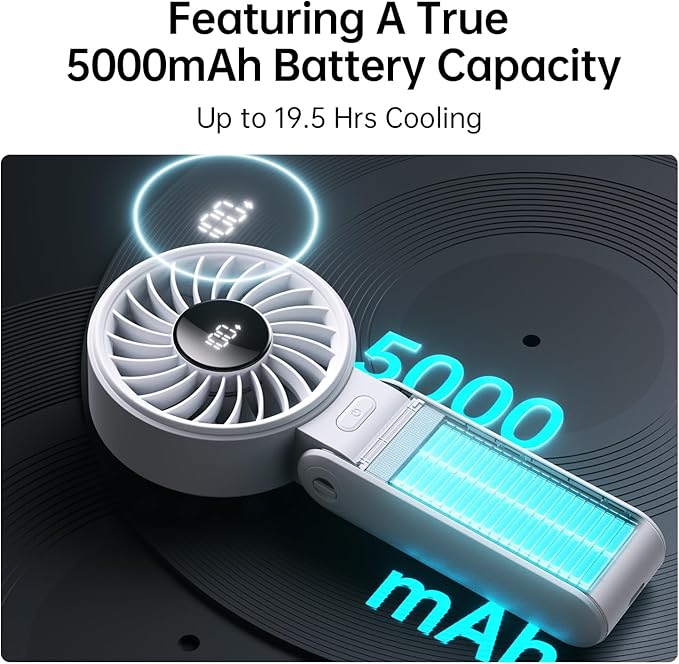 JISULIFE Portable Handheld Fan Life7: 3-in-1 Hand, Desk & Neck Fan-Gery | 19.5H Max Cooling, 5-Speed, LED Display, 5000mAh Rechargeable,USB Foldable Fan for Travel/Concerts/Cruise/Sports Events/Gifts - Image 4