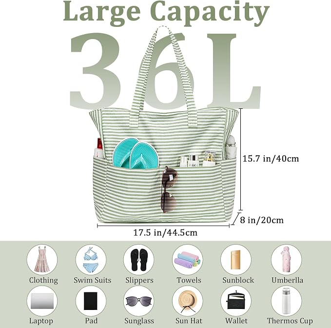 LEDAOU Large Beach Bag for Women, Waterproof Sandproof Tote Bag with Zipper | 36L Pool and Swim bag with Zipper, Wet/Dry pocket and 7 Pockets for Beach Days, Cruises, Vacations and Family travel - Image 6