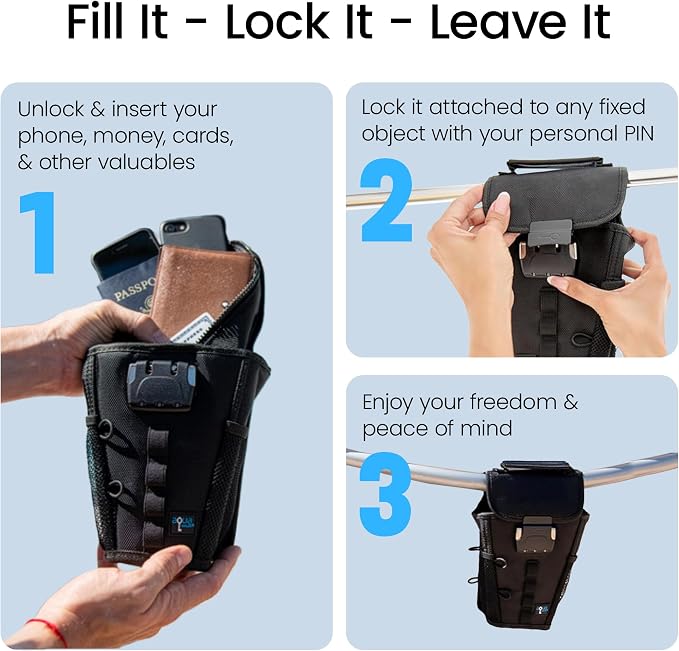 Portable Travel Safe Anti-Theft Cut-Resistant Beach Pool Lock Box | Black. Cut-resistant nylon with water resistance and RFID blocking. Secures phones and valuables at the beach, pool or hotel. - Image 5