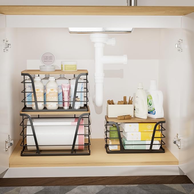 TIDIIABODE 3 Pack Stackable Pantry Organizer, Trash Bag Dispenser Under Sink, Kitchen Organization and Storage, Kitchen Counter Organizer, Black - Image 5