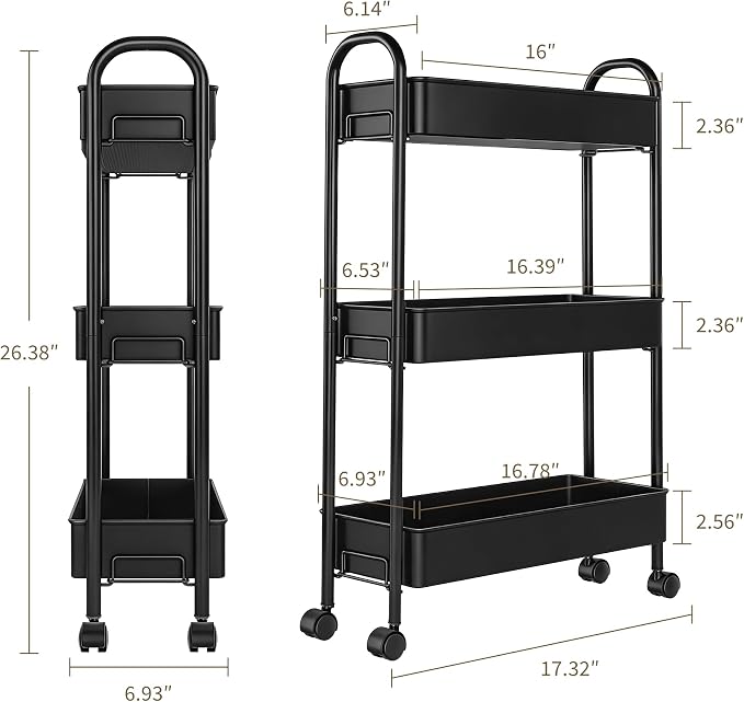 Slim Rolling Cart, Metal Frame Utility Rolling 3-Tier Narrow Storage Cart | Kitchen Storage Organizer, Mobile Shelving Unit for Bathroom Kitchen - Image 2