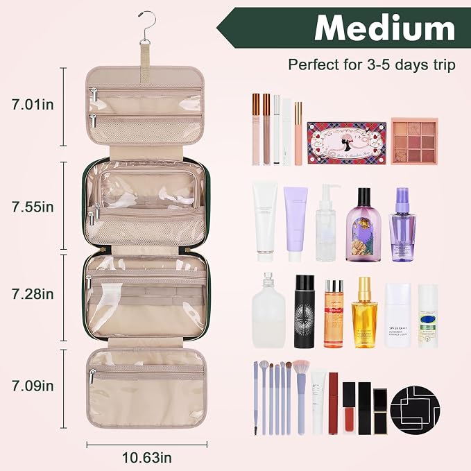 Toiletry Bag for Women, Medium Cosmetic Travel Bag, Hanging Toiletry Bag for Bathroom, Thickened PVC Waterproof Makeup Bag, Toiletries Bag for Travel Business Trips and Camping, Dark Green - Image 2