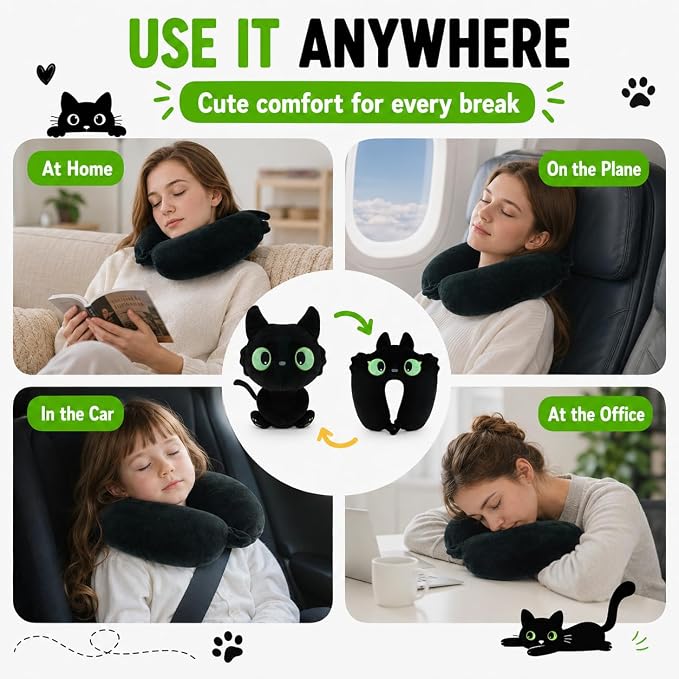 2-in-1 Travel Pillow for Kids & Adults Car Neck Pillow Memory Cotton U-Shaped Neck Pillow Soft Head Support Travel Accessories for Airplane Car Train Bus Airplane Pillow (cat) - Image 6
