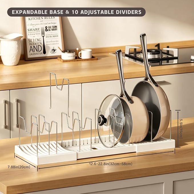 Magheo 2 Pack Pots and Pans Organizer Under Cabinet, Expandable 12.6"-22.8" Kitchen Cabinet Organizer Holder with 10 Adjustable Dividers for Food Storage Container Lid, Cookie Sheet, Cookware(White) - Image 2