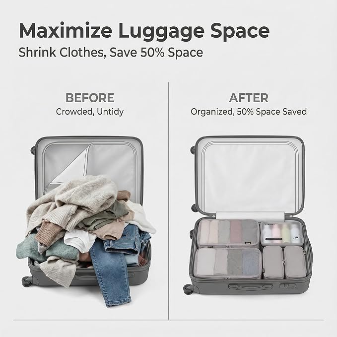 6 Set Compression Packing Cubes for 7–14 Day Travel, Misty Silver | Nylon Oxford Fabric, Full Breathable Mesh, Reinforced Double-Zipper, Small to Large Size Bag, Expandable Packing System - Image 7