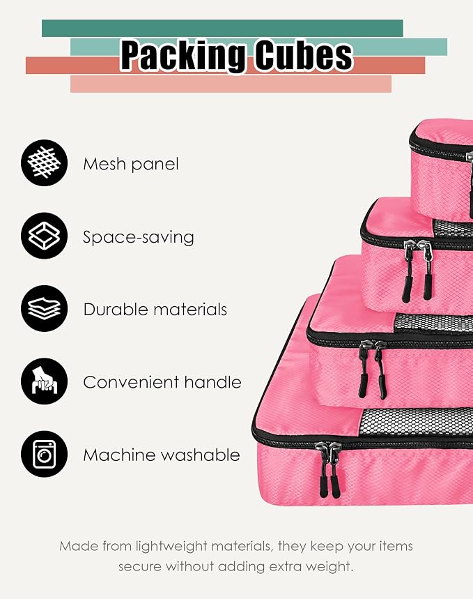 WTREE 4-Piece Packing Cubes Travel Accessories Set for Suitcases - Luggage Organizer Bags with Double Zipper - Mesh Top - Small/Medium/Large/Slim - Pink - Image 2