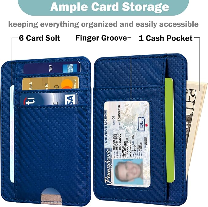 HOTCOOL Slim Wallet for Men, Minimalist Front Pocket Simple Leather Credit Card Holder RFID Blocking for Men & Women, Thin Organizer Gifts, Carbon Fiber - Blue - Image 2