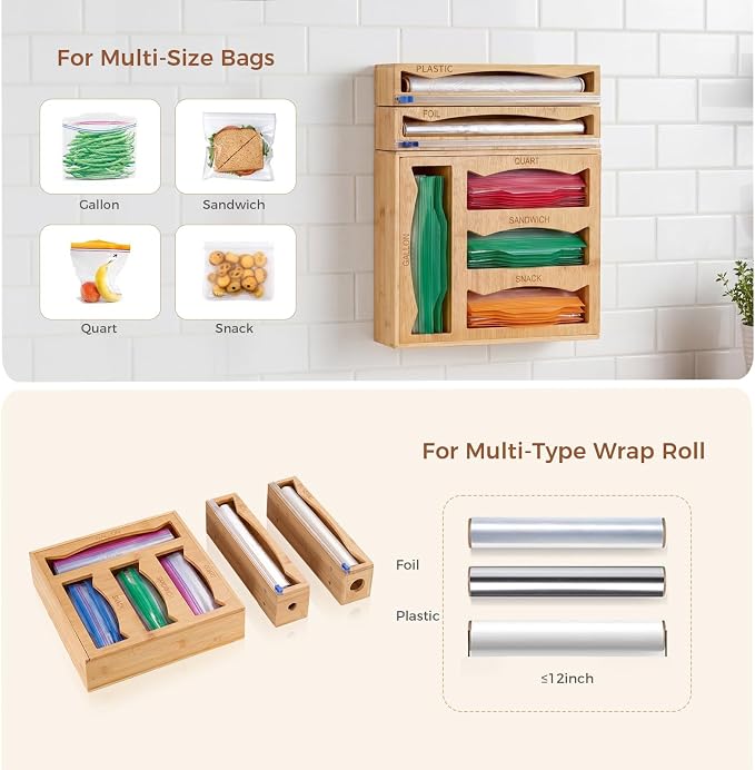 6-in-1 Bamboo Kitchen Drawer Organizer for Storage Bag, Foil & Plastic Wrap | Saran Wrap Dispenser with Cutter, Plastic & Grocery Bag Holder, Bamboo Drawer Organizer, Gallon/Quart Storage Bags - Image 6