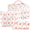 URSKYTOUS 3Pcs Makeup Bag Quilted Cosmetic Bag Set Bow Travel Large Makeup Pouch for Women Cute Portable Cotton Toiletry Bag Skincare Organizer Coquette Vintage Travel Essential by URSKYTOUS