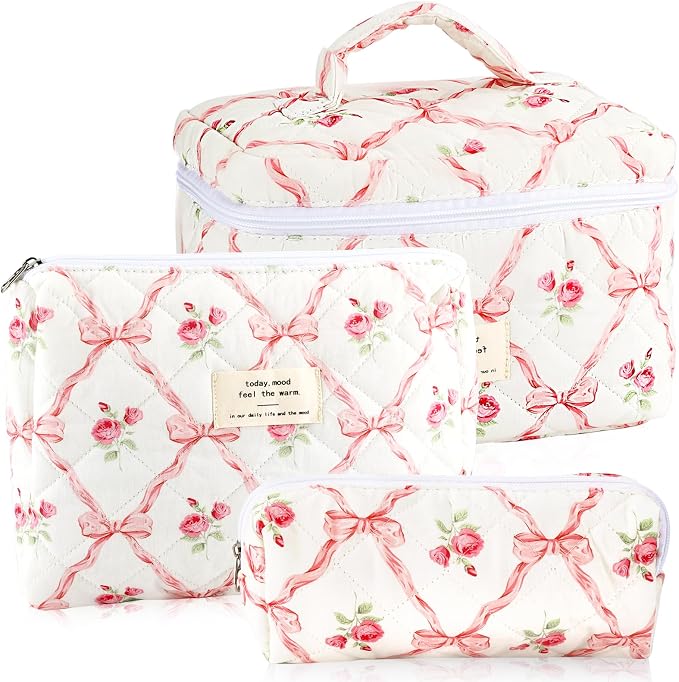 URSKYTOUS 3Pcs Makeup Bag Quilted Cosmetic Bag Set Bow Travel Large Makeup Pouch for Women Cute Portable Cotton Toiletry Bag Skincare Organizer Coquette Vintage Travel Essential by URSKYTOUS