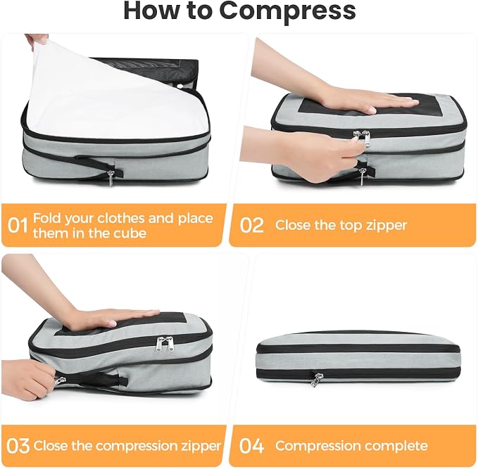 BAGAIL 8 Set Compression Packing Cubes, Expandable Luggage Organizer Bags for Travel Accessories (Gray) - Image 4