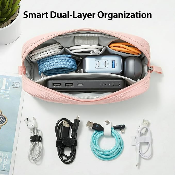 Travel Electronics Organizer Bag, Pink Waterproof Tech Case | Features 8 compartments for 3ft+ cords, padded Oxford fabric, compact 8.66x5.12x2.36 inch size, and 8 cable ties. - Image 3