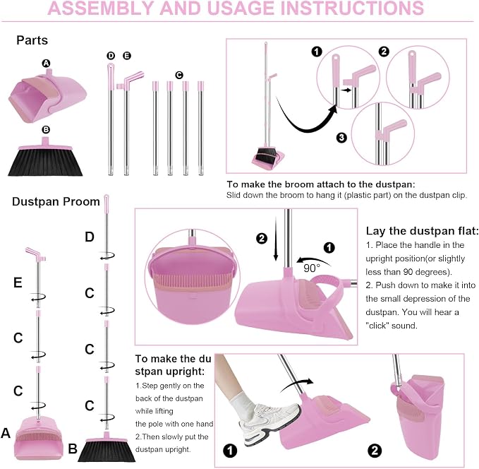 Pink Broom and Dustpan Combo Set, 51" Long Handle Broom with Mini Set | Mini Set for Tables, Kitchens & Tight Spaces, Built-in Comb Dustpan, Foldable Space-Saving Storage, Multi-Surface Use - Image 9