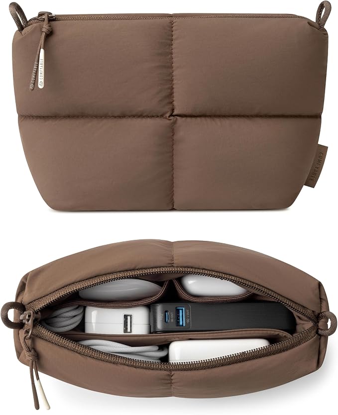 Comfyable Puffy Electronics Organizer Travel Case, Cute Tech Pouch for Women Men, Cable Storage Bag for Charger, Phone, Power Bank, Cord, Compact Tech Accessories Pouch, Mocha Brown by Comfyable