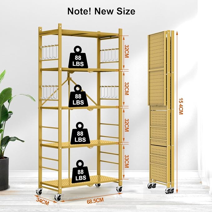 Himix 5-Tier Foldable Storage Shelves with 20 Hooks Wheels Bookshelf Gold | Folding shelving units, Metal collapsible organization, Wire shelf, No assembly, Garage, Home room, Greenhouse, Holds 440 Ibs - Image 3