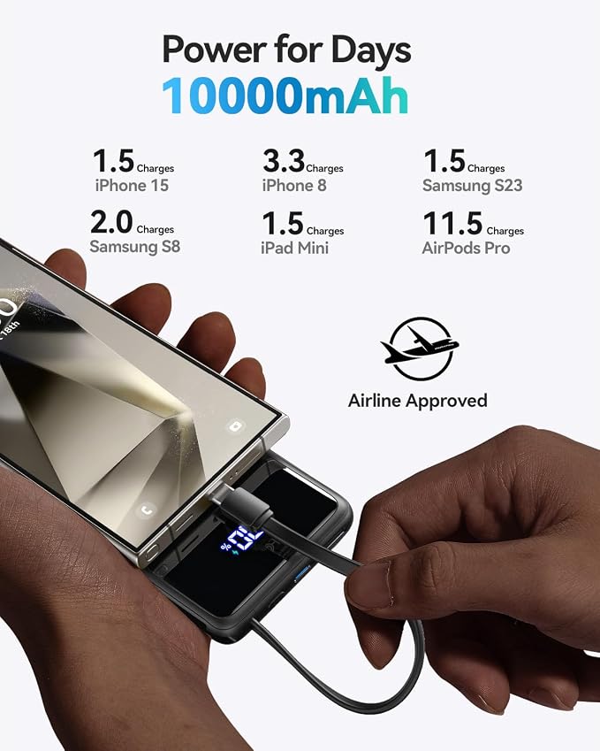 INIU 10000mAh Portable Charger, Smaller 45W Fast Charging Travel Power Bank | Flight-Safe for Travel, Built in USB C Cable, LED Display, Battery Pack for iPhone 17 16 Pro, Samsung S26, iPad etc, White - Image 5