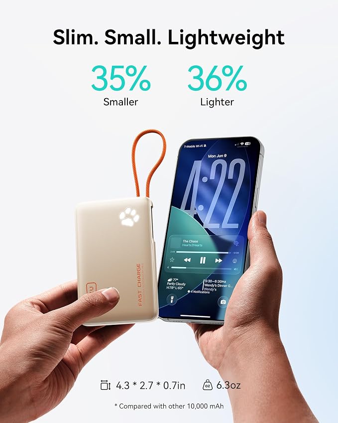INIU 45W Fast Charging Tablet Portable Charger, Smaller 10000mAh Power Bank | Flight-Safe, Built-in USB C Cable, Flashlight, Battery Phone Pack for Tablet, iPad, iPhone 17 16, Samsung S26 etc, Beige - Image 3