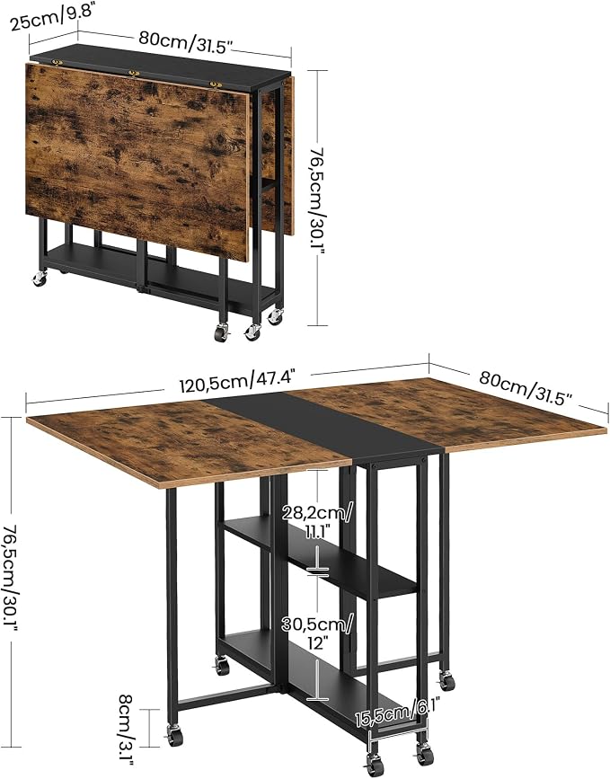 Folding Dining Table, Movable Dining Table, Expandable Kitchen Table, Versatile Table with 6 Wheels and 2-Tier Shelf, for Dining, Living Room, Apartment, Rustic Brown TCZ01BF - Image 3