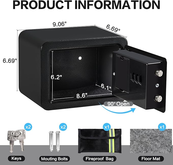 0.23 Cubic Feet Safe Box, Small Safe W/Fireproof Bag, Keys & Pass Code, Digital Electronic Security Money Box for Cash, Document, Home, Office, Hotel Use, Black, 6.69"D x 9.06"W x 6.69"H - Image 9