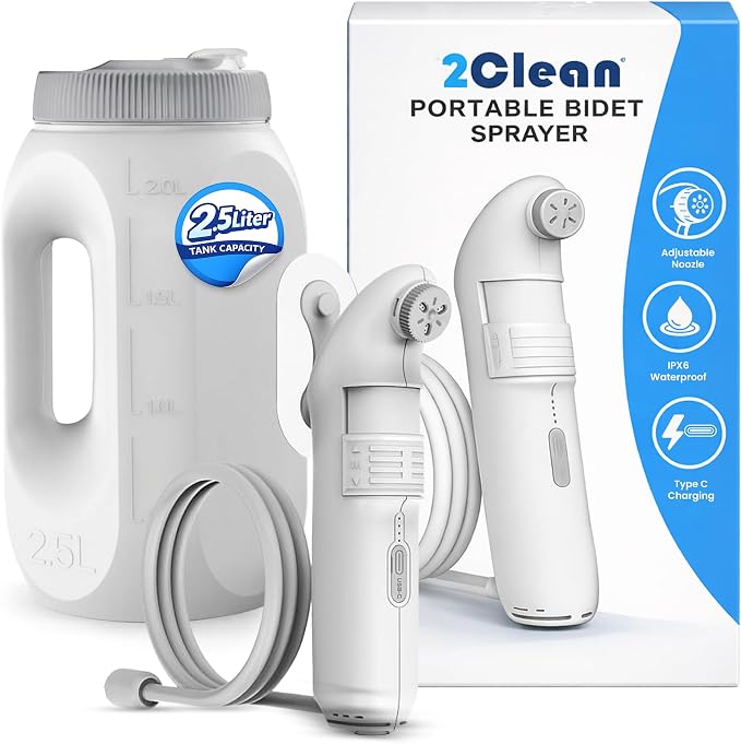 2Clean Portable Bidet, USB Rechargeable High Pressure Travel Sprayer, Home | 2.5L water container with adjustable spray and wall bracket. Lightweight portable bidet for travel, home, camping, and work. by DailyHabitsBetterHygiene