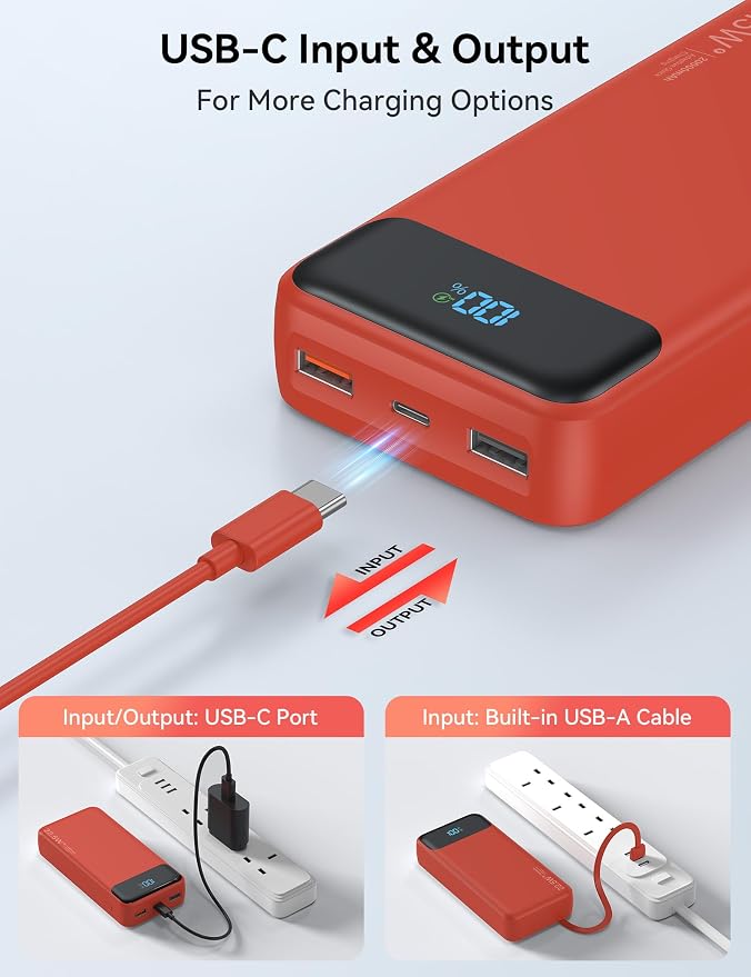 Nusyddy Portable Charger 20000mAh 22.5W w/4 Built-in Cables/6 Outputs Red | 22.5W Fast Charging, LED Display, Pass Through Charging, Charge 6 Devices at once, TSA Approved, Fits iPhone, iPad, Samsung - Image 6