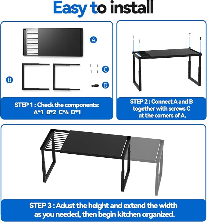 Expandable Cabinet Shelf Organizer, Stackable Countertop Shelves, Black | 15.8''- 25.5'' In Cabinet Shelf, Adjustable Kitchen Cabinet Organizer for Pantry Organizer, CupBoard Organizers and Storage - Image 8