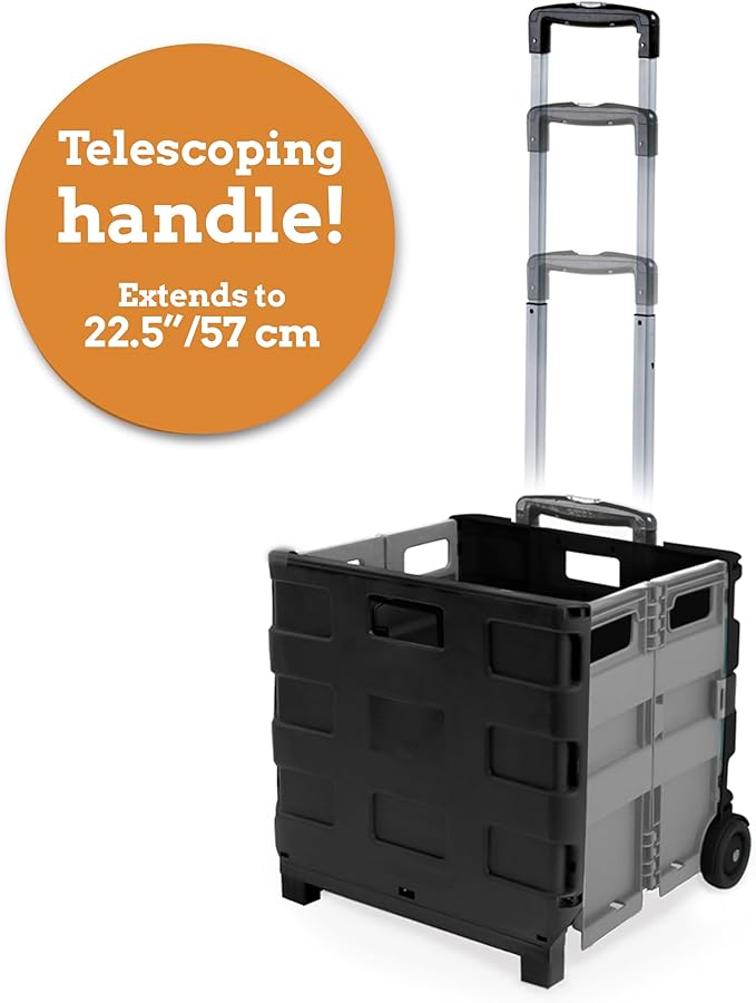 Inspired Living Ultra-Slim Rolling Collapsible Storage Pack-N-Roll Utility-carts, with Telescopic Handle, for Home, Garden, Shopping, Office, School use, Medium, Grey & Black - Image 4