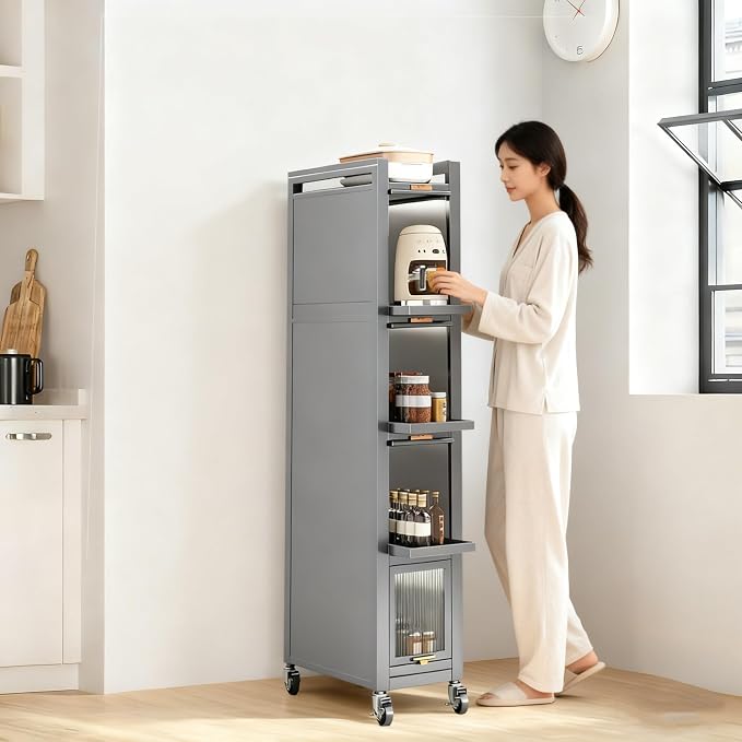 5-Tier Tall Narrow Mobile Shelf Organizer, Slim Storage Cart on Wheels | Pull Out Cabinet Organizer for Small Space Kitchen Space Saving, with Transparent Flap Door Design, Grey - Image 6