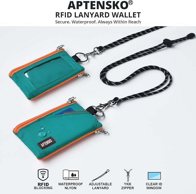 RFID Blocking Travel Wallet with Adjustable Lanyard, Small Nylon Zipper Pouch and Badge Holder for ID, Credit Cards, Cash, Keys, Commuters (Turquoise) - Image 2