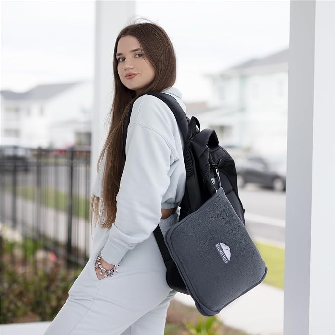 BlueHills Premium Soft Travel Blanket Pillow 2-in-1 Airplane Warm - Gray | 2 in 1 Airplane Blanket Pillow, Hand Luggage Strap & Backpack Clip, Lightweight & Compact, Must Have Essential Travel Gifts - Image 8