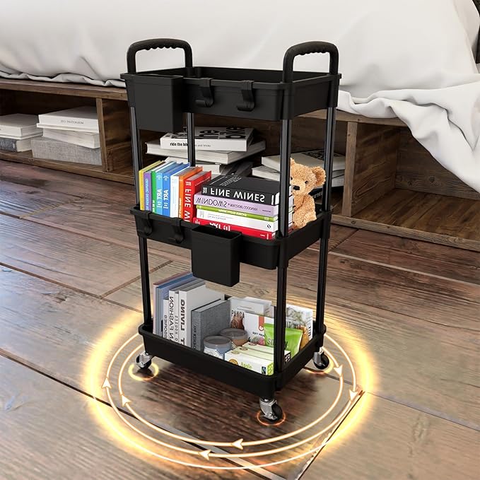 3 Tier Rolling Utility Cart with Handle,REBECAT Utility Cart Made of Multifunctional Storage Organizer Tool for Kitchen,Bathroom,Living Room,Office(Black) - Image 3