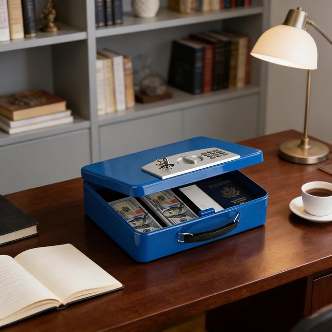 KYODOLED Blue Safe Box with Digital Keypad Lock, Lock Box with Code for Personal Items, Metal Security Box for Cash, Passport, Jewelry, Ideal for Home, Office, Garage Sale, 11.8'' x 9.4'' x 3.5'' - Image 7