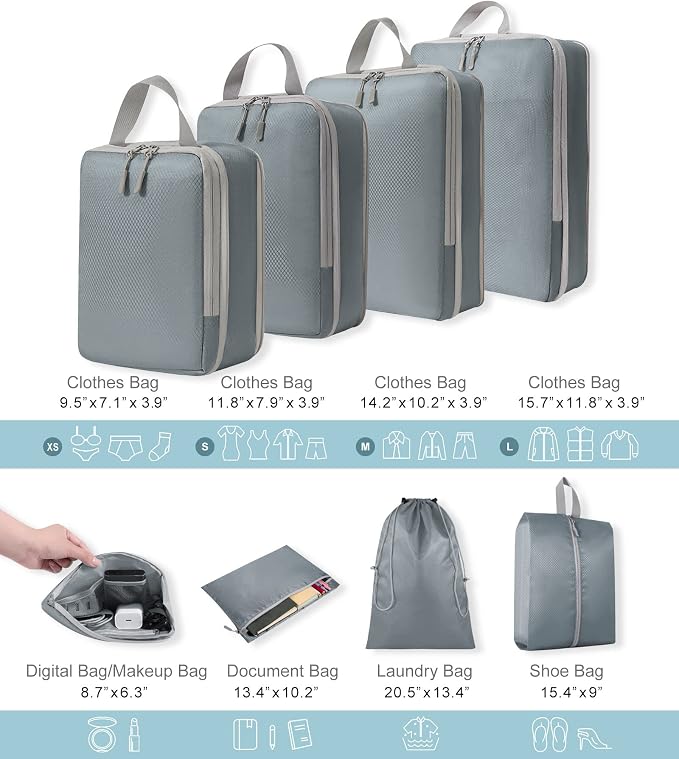 WOOMADA Compression Packing Cubes for Suitcases Travel Essentials 8 Set Expandable Travel Bags Organizer for Luggage(concrete grey) - Image 3