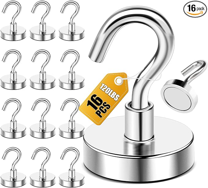 DIYMAG Magnetic Hooks, 120lbs 16pcs Cruise Cabin Essentials Heavy Duty N52 | Strong Neodymium Rare Earth Magnets, for Kitchen, Classroom, Beach, Cruise Cabins, Refrigerator, Hanging Key Clothes Wall Hat by DIYMAG