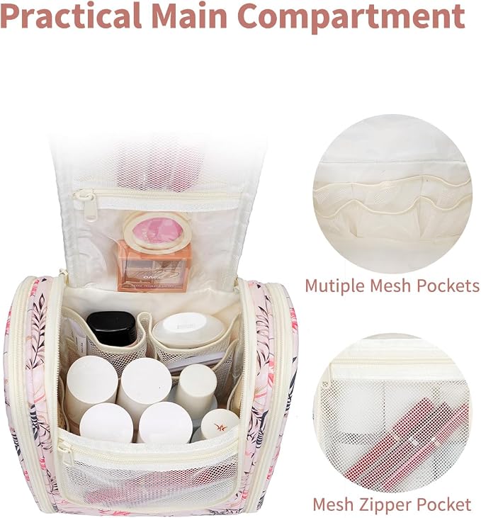 Narwey Small Hanging Toiletry Bag Women Travel Makeup Bag Organizer Toiletries Bag for Travel Size Essentials Accessories Cosmetics(Medium, Beige Bird) - Image 3