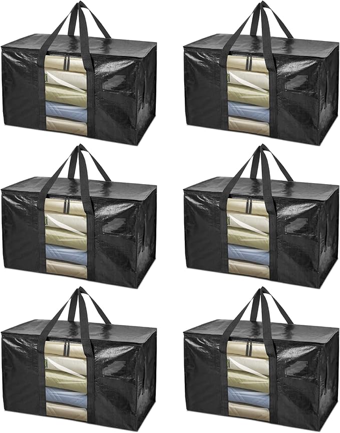 BALEINE 6-Pack Oversized Moving Bags with Reinforced Handles, Heavy-Duty Storage Tote Moving Supplies for Packaging, Camping (Black w/Window, 6-Pack) by BALEINE