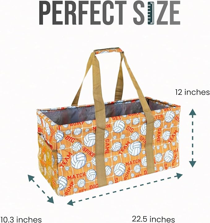 Extra Large Utility Tote Bag - Oversized Collapsible Reusable Wire Frame Rectangular Canvas Basket With Two Exterior Pockets For Beach, Pool, Laundry, Car Trunk, Storage - Volleyball - Image 4